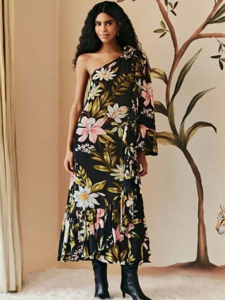 Nwt Farm Rio Black Surreal Flowers One Shoulder Maxi Dress Size Medium